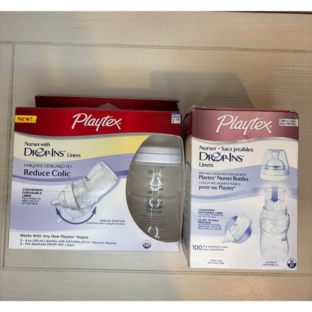 Playtex Baby Nurser with Drop-Ins Liners 4 OZ Bottles 3 Pk 100 Liners 0-3m+ SLOW